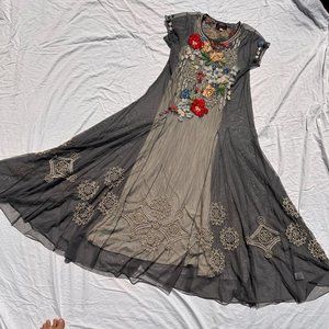Johnny Was Embroidered Floral Print Sheer Mesh Maxi Dress XL
